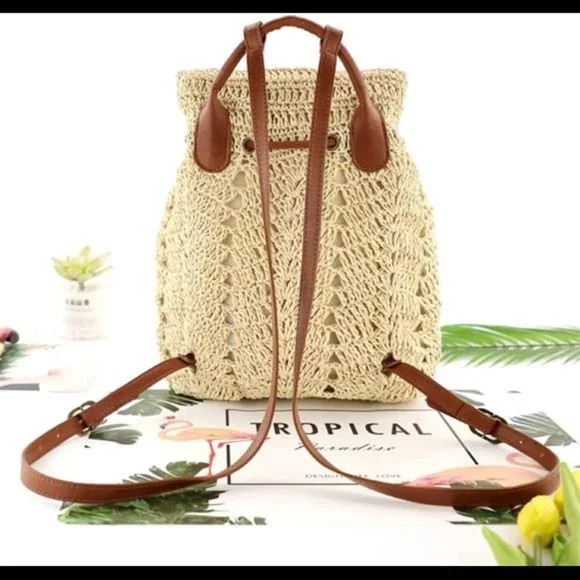 Aktudy Women Straw Backpack, Beach Woven Handbag Boho Shoulders Bag, Flap Top Ha